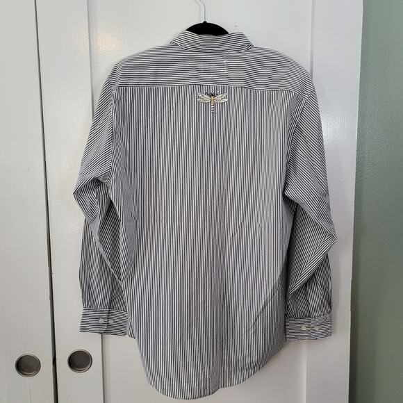Get Lucky Size L Sequined Dragonfly Striped Button Up Shirt Mature Nature - Picture 5 of 9